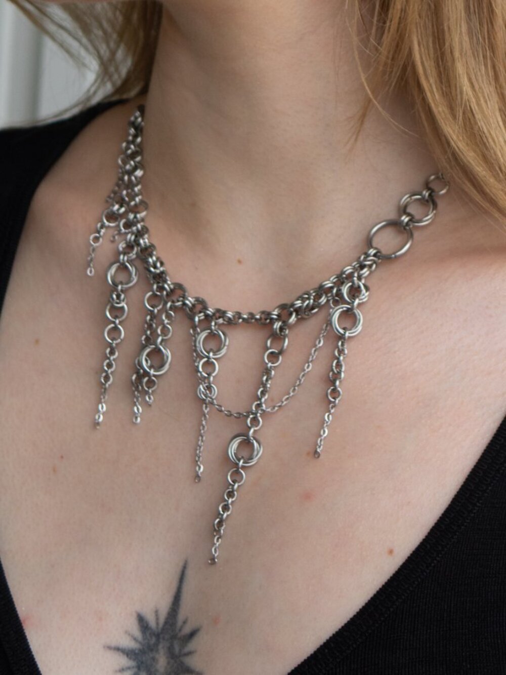Gothic big silver statement chainmail necklace